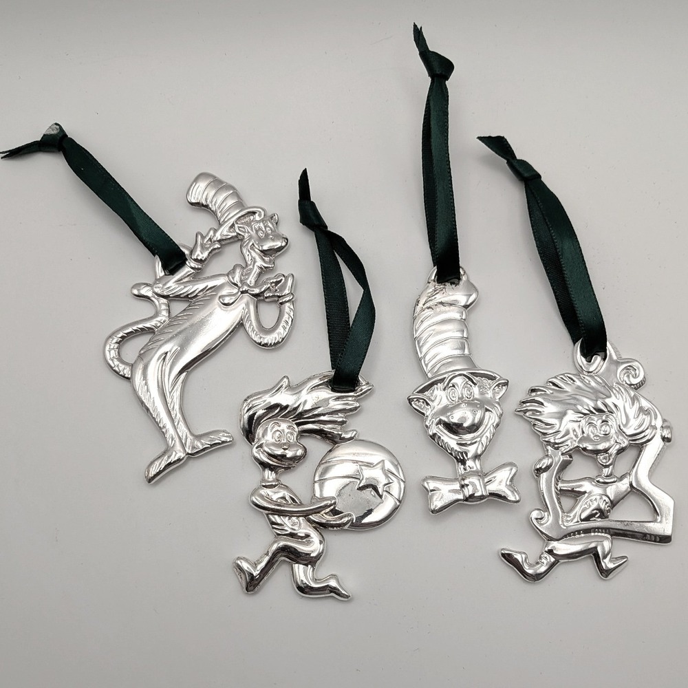 Dr Seuss The Cat in the Hat Movie Silver Metal Ornaments Set of 4 Thing 1 2 VTG